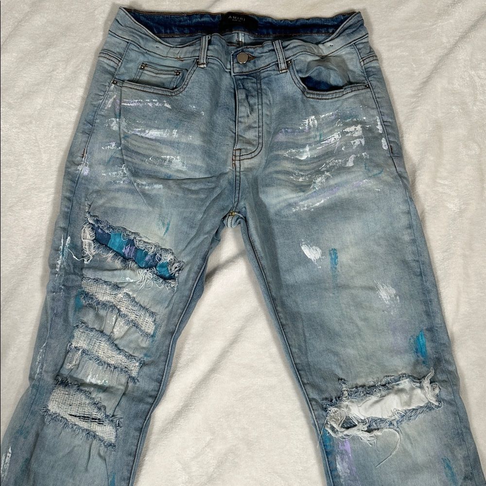 AMIRI Light Blue Distressed Denim with Purple, Blue & White Paint Accents!